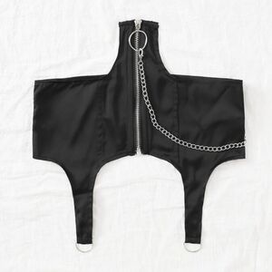 Zip Up Chain O-ring Detail Asymmetrical Hem Crop Top